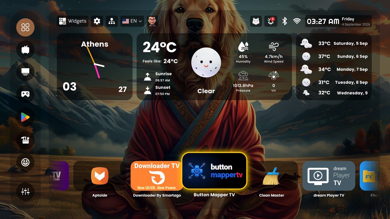 PLUI home screen: glass clock and weather widgets over a wallpaper, app grid and sidebar