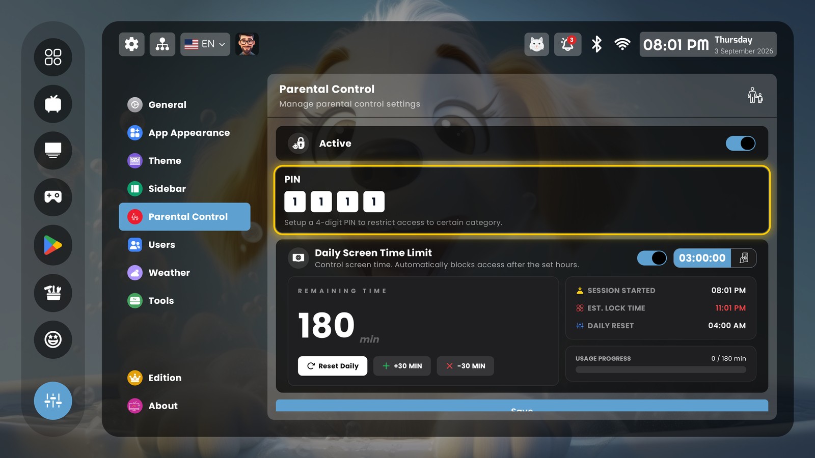 PLUI parental control settings with PIN and a daily screen-time limit