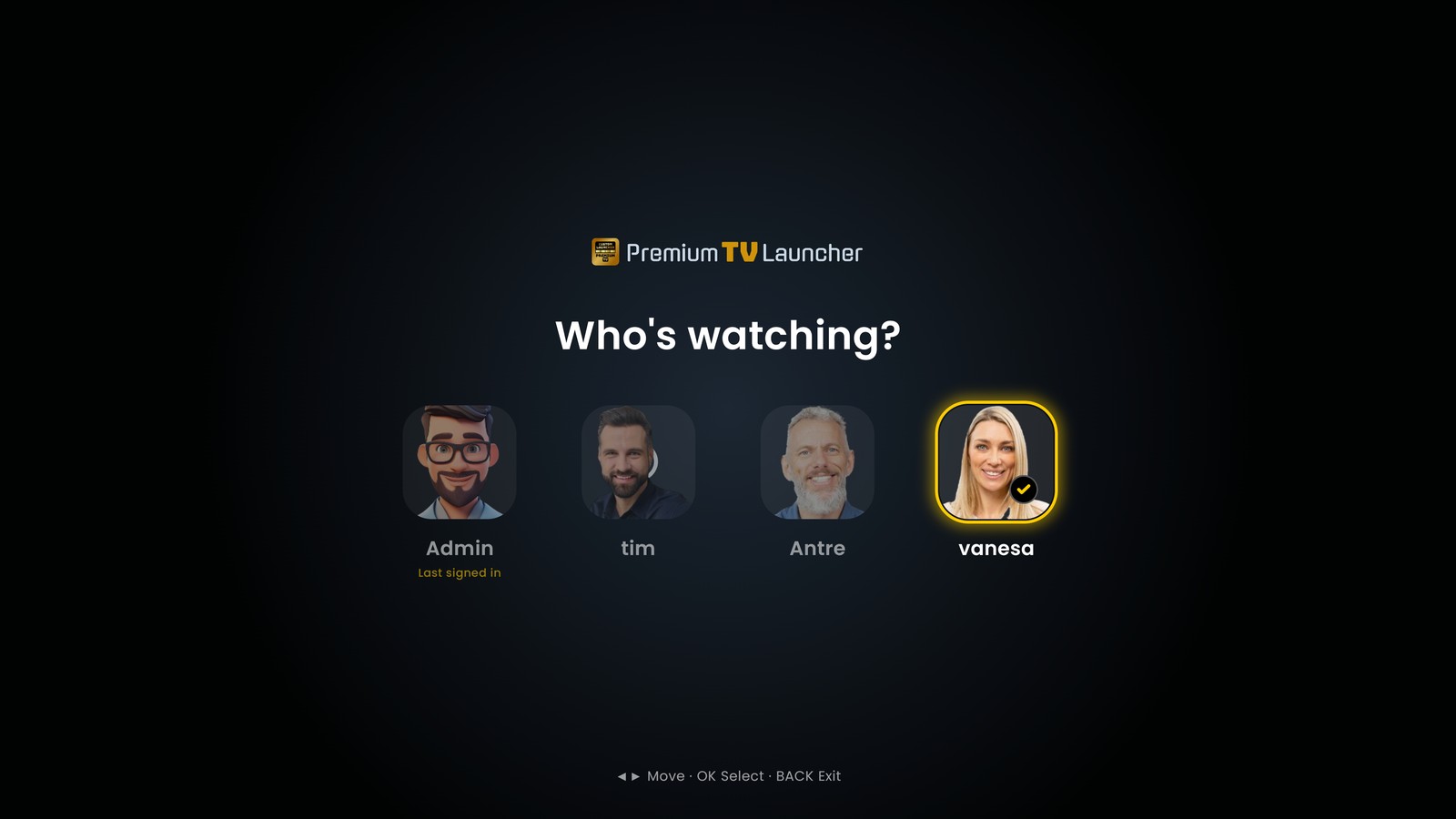 PLUI Who's watching? profile picker with four avatars