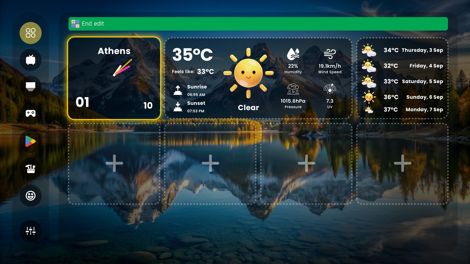 PLUI widget board in edit mode with a weather face, forecast and empty slots