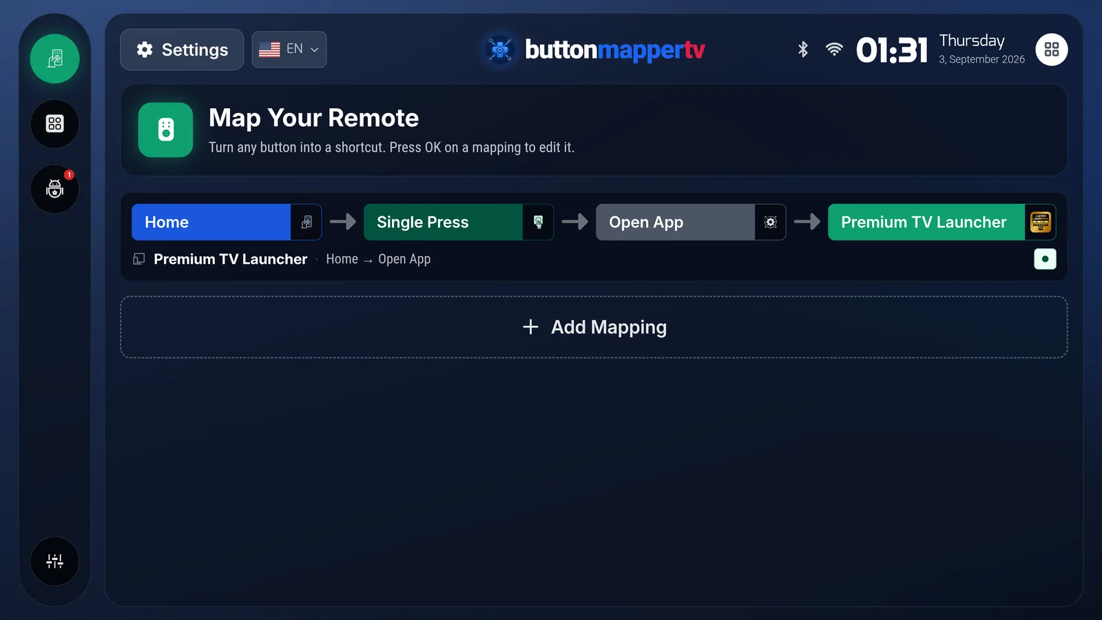 Button Mapper TV — Home, single press, open app, Premium TV Launcher