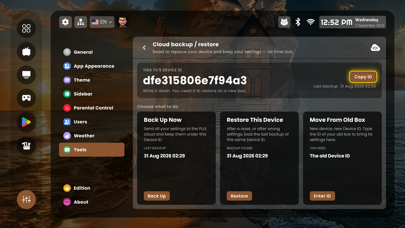 Cloud backup / restore — move to a new box with one Device ID