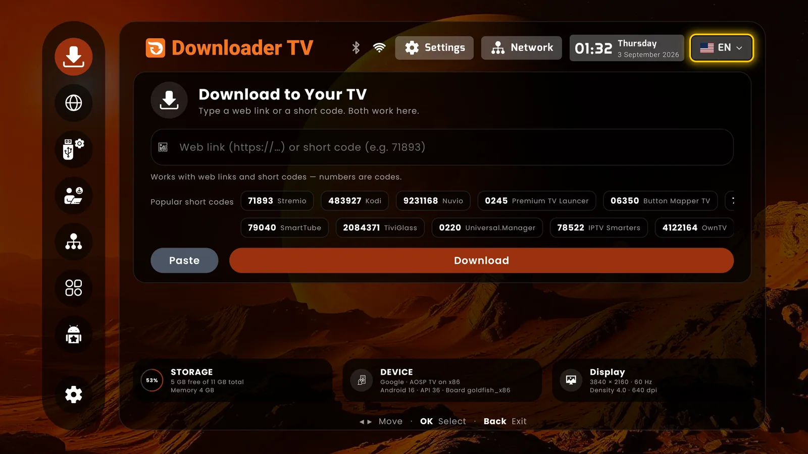 Downloader TV — short codes 0245 and 06350