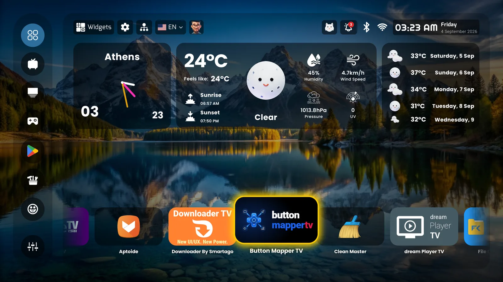 PLUI home screen with the owner’s own photograph as wallpaper and a horizontal app rail