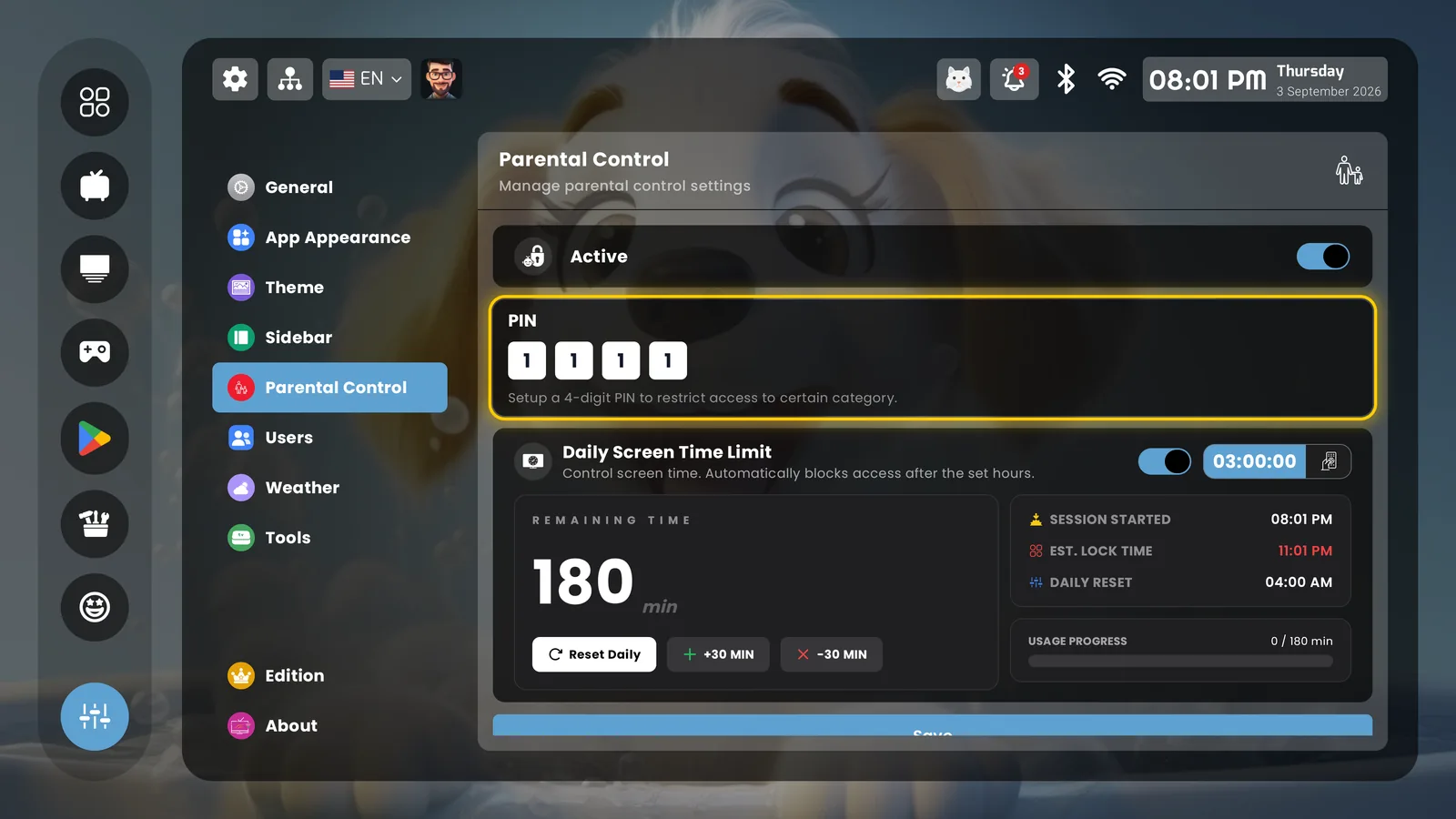 Parental control with daily screen-time limit
