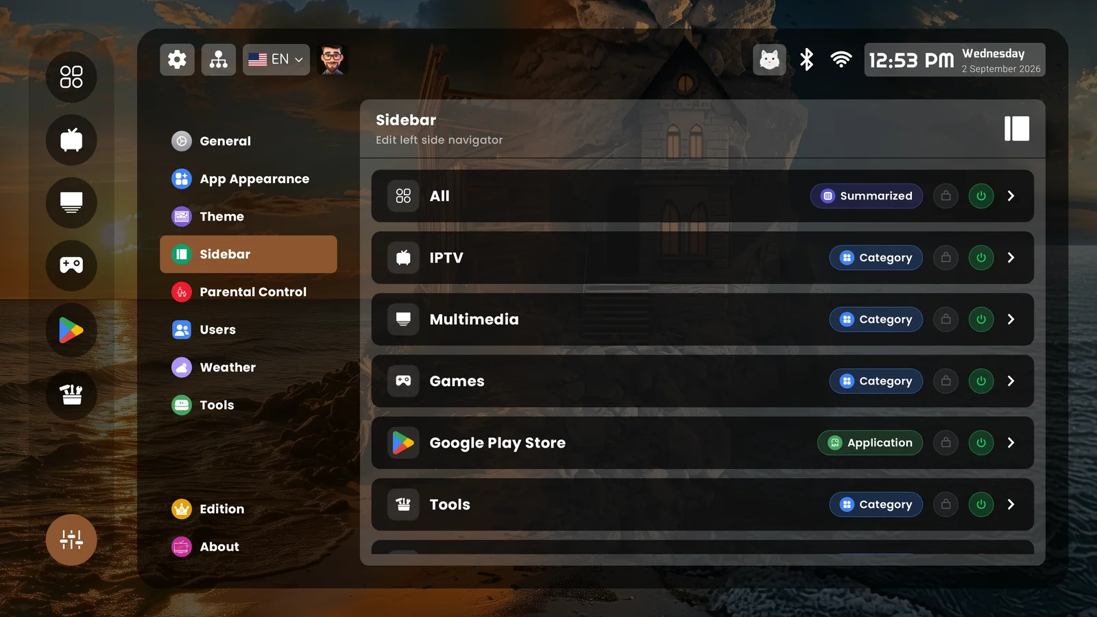 The sidebar editor — categories, apps, widget pages