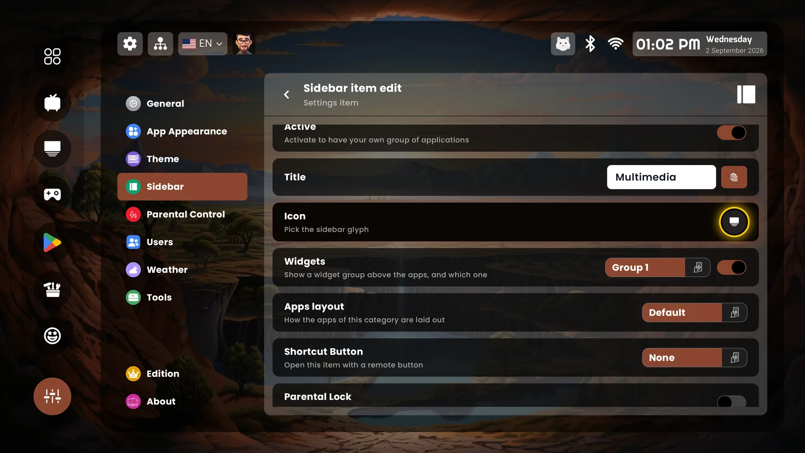 Sidebar item with parental lock