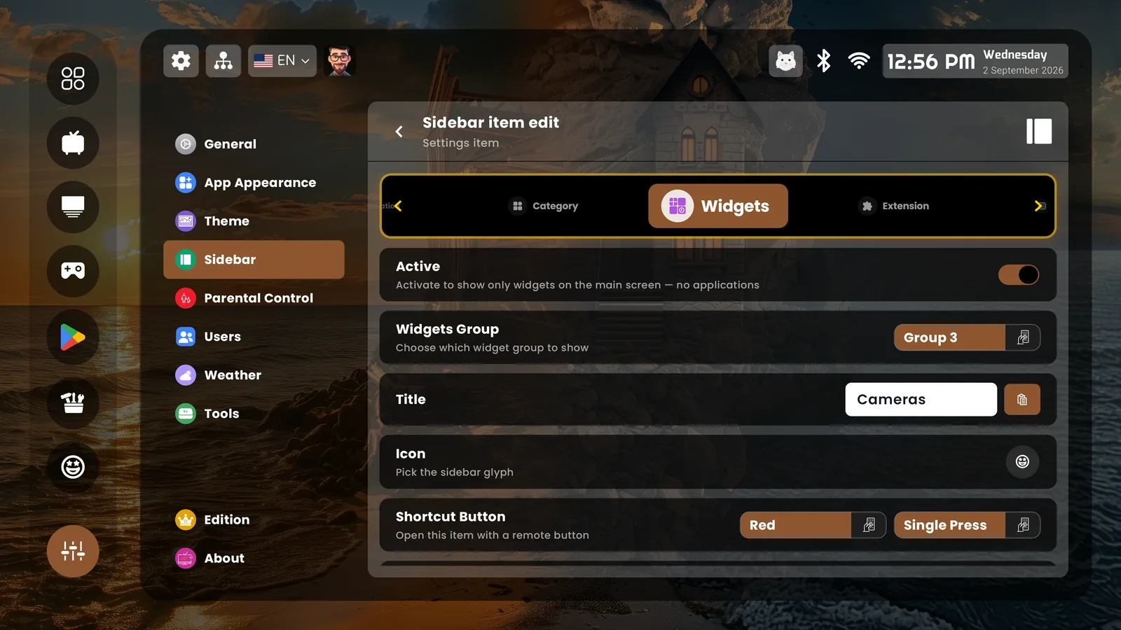 Sidebar item edit — widgets page with shortcut button