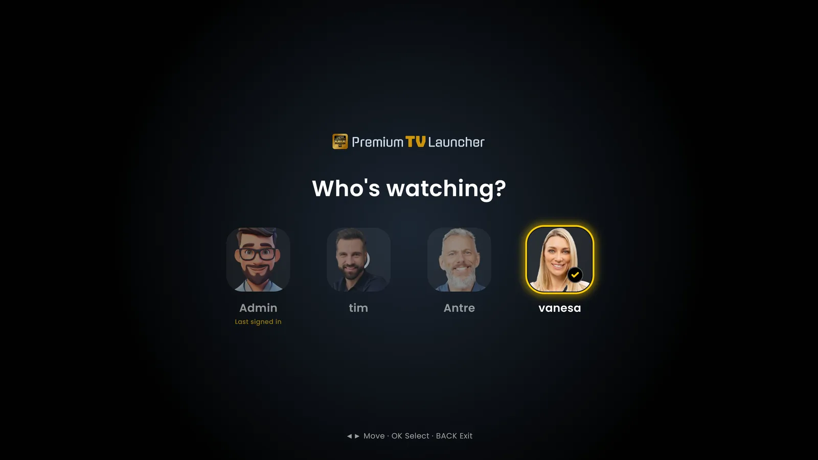 Who's watching? — profile picker with avatars