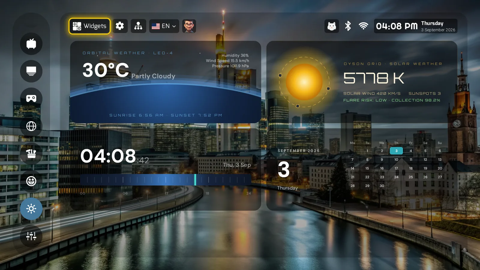 PLUI widget dashboard: orbital weather, a solar station, a timeline clock and a month calendar